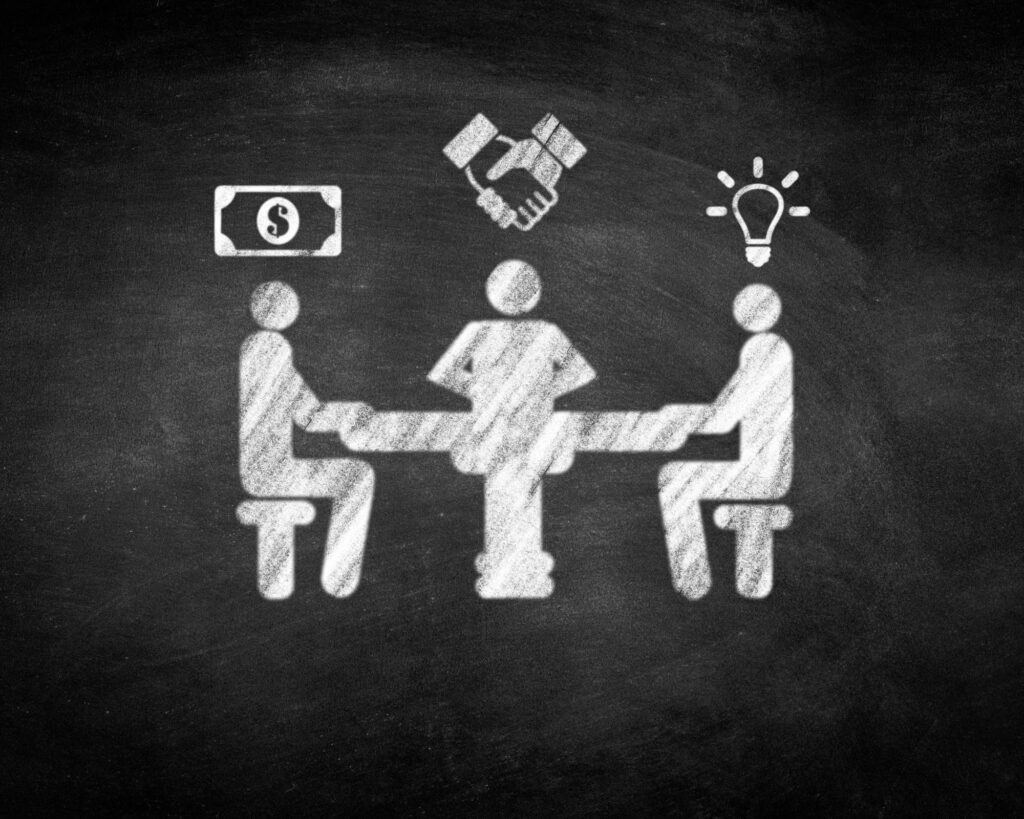 Drawing of 3 people with a money sign, shaking hands, and lightbult over their heads.