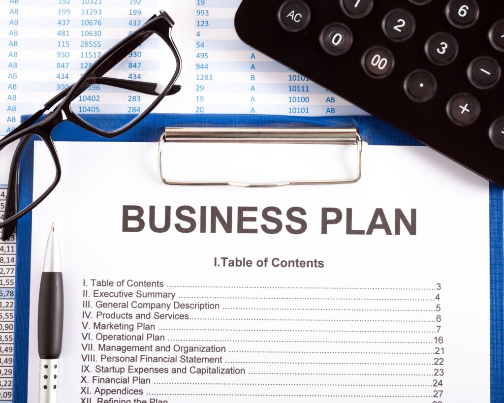paper with a table of contents for a business plan