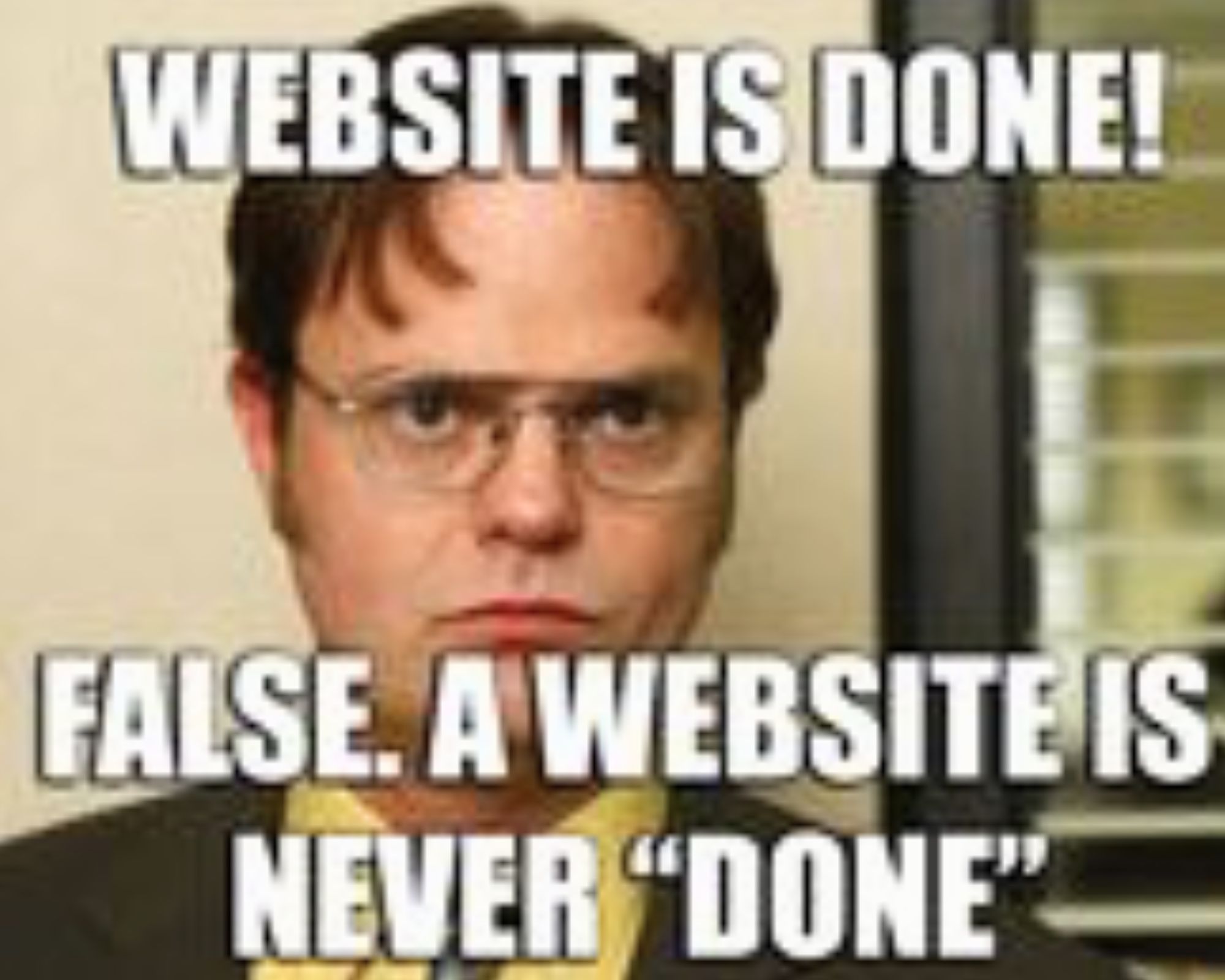 Man staring. Text says "Website is done! False. A website is never 'done'"