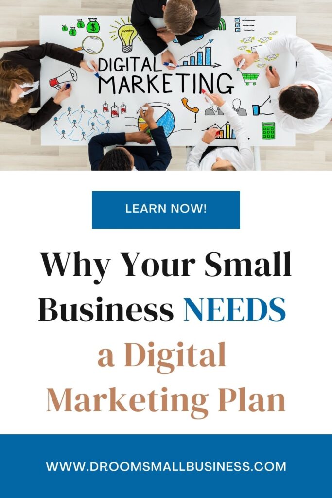 Picture of people writing on a board that says digital marketing. Text says: Why Your Small Business NEEDS a Digital Marketing Plan